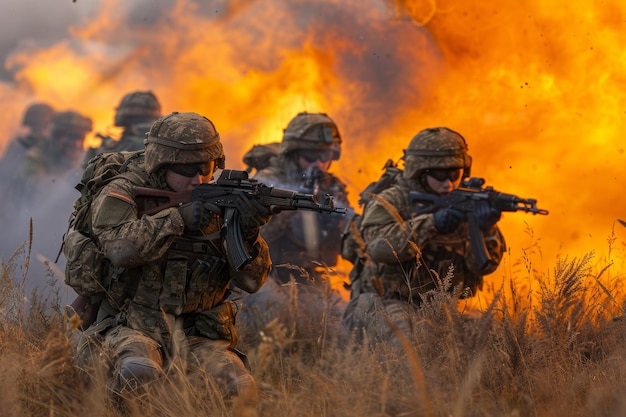 Foto soldati in azione con armi da fuoco in mezzo a un'esplosione di fuoco e un'intensa operazione militare.