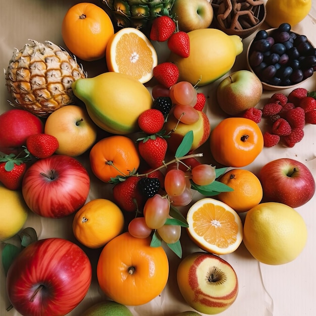 Foto la combinazione di frutta fresca sullo sfondo del tavolo in legno