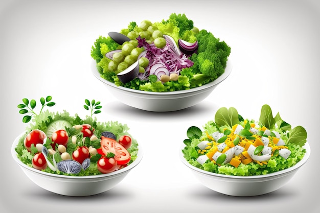 Combination of several salads on a white background