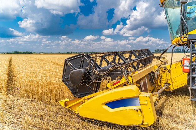 Photo combine harvester in action on wheat field. process of gathering ripe crop from the fields. agricultural technic in field. heavy machinery in action.