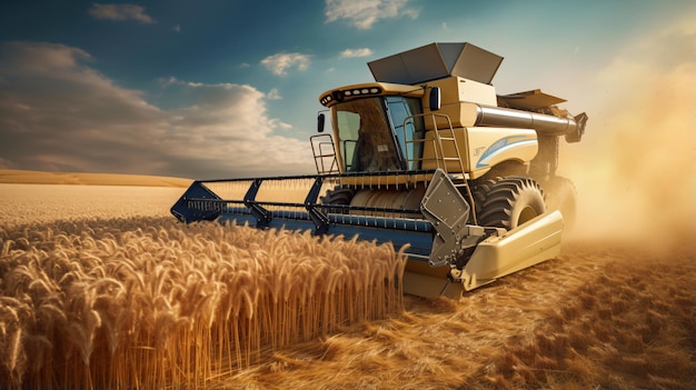 Combine harvester collecting wheat in field