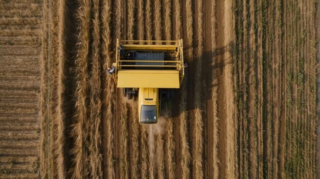 Photo combine harvester from a birds eye view in field