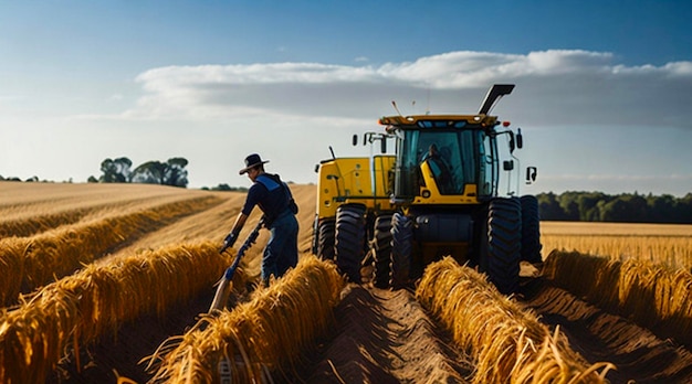 熟した小麦を収穫するコンバインハーベスター農業の概念