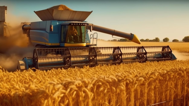 Зерноуборочный комбайн убирает пшеничное поле, сгенерированное AI изображение