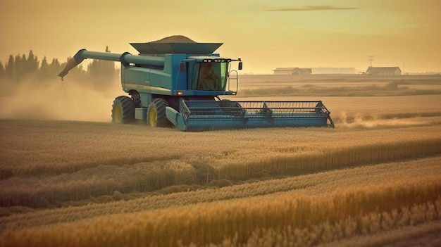 Foto mietitrebbia che raccoglie l'immagine generata dall'ia del campo di grano