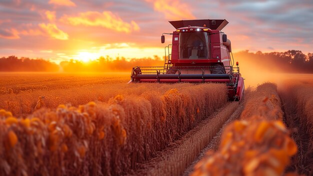 Foto una mietitrice raccoglie il grano nel tardo pomeriggio colori vibranti ia generativa