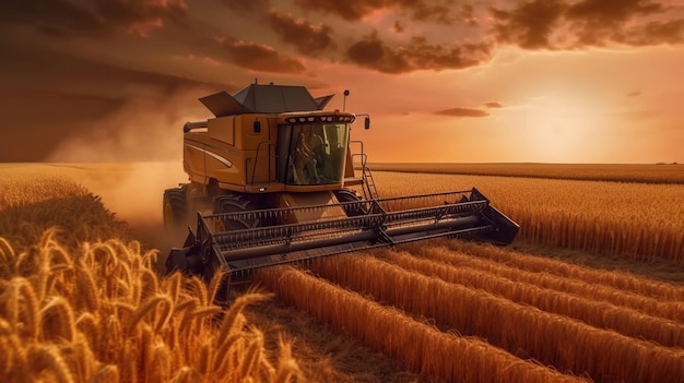 Combine harvester harvests ripe wheat Ripe ears of gold field on the sunset