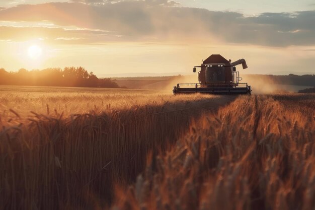 Фото Комбайн собирает зрелую пшеницу.