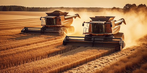 Combine harvester harvests wheat from field on farm in summer at sunset Generative AI illustration