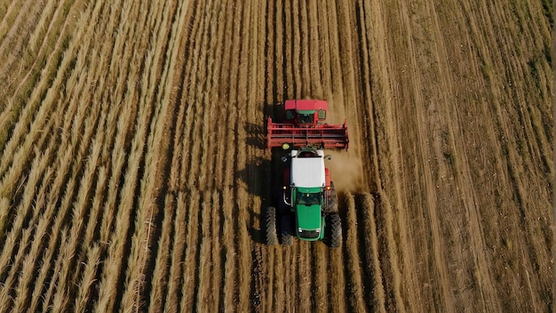 Combine harvester vanuit het oog van een vogel in het veld