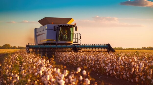 Combine harvester werkt op een katoenveld bij zonsondergang Generatieve AI