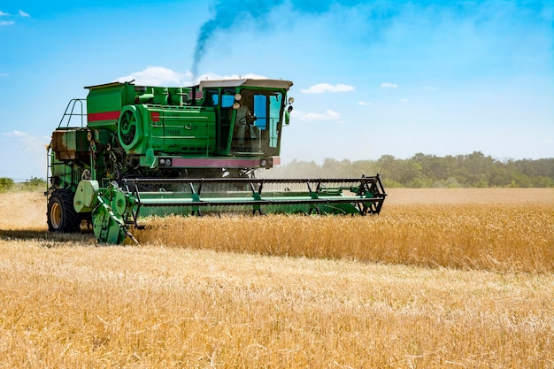 Photo combine harvester on a wheat field with blue sky. harvest time.