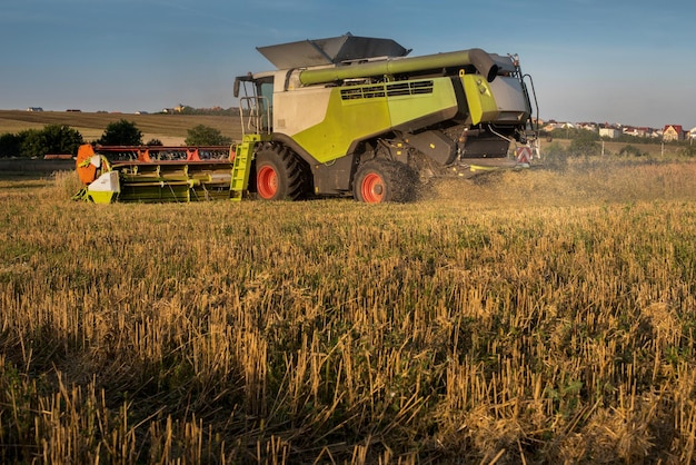 combine harvester with clouds of dust and stubble remains completes the harvest rear view