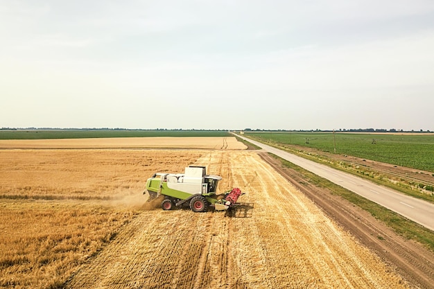 Combine harvester working on a wheat field. Combine harvester Aerial view.