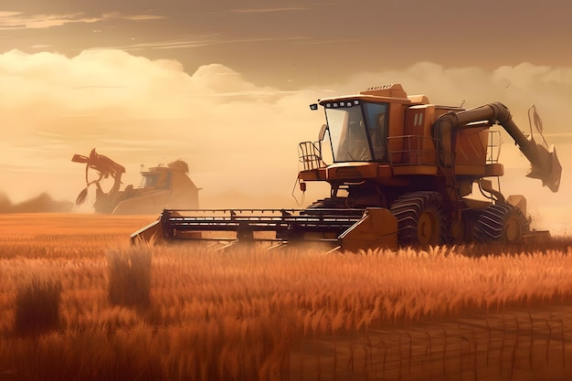 Combine harvester working on a wheat field