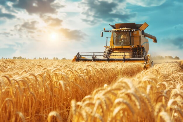 Foto combinare la raccolta di orecchie di grano in un luminoso giorno d'estate raccoglitore di cereali in un vasto campo d'oro di grano