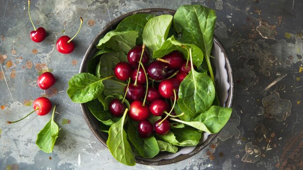 Combine lettuce leaves and ripe cherries in a salad bowl