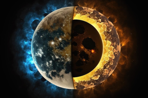 달과 태양의 결합된 전체성 지나가는 위성에 의해 가려진 지구 표면의 모습