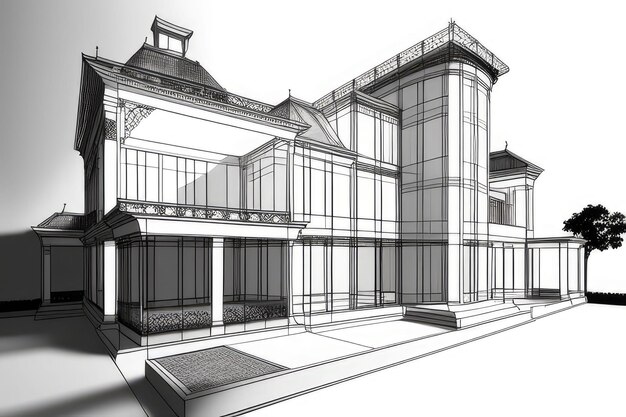 Combineer contrasterende realistische en wireframe-afbeeldingen van een weelderig herenhuis