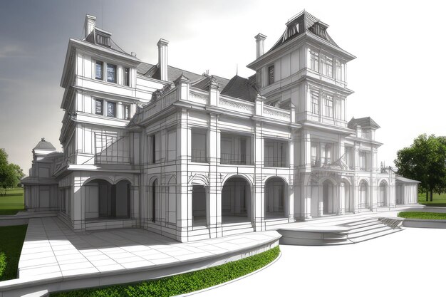 Combining contrasting realistic and wireframe images of a lavish mansion