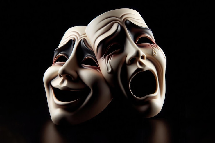 Foto comedy en tragedie maskers die vreugde en verdriet weerspiegelen geïsoleerd op zwarte achtergrond spotlight