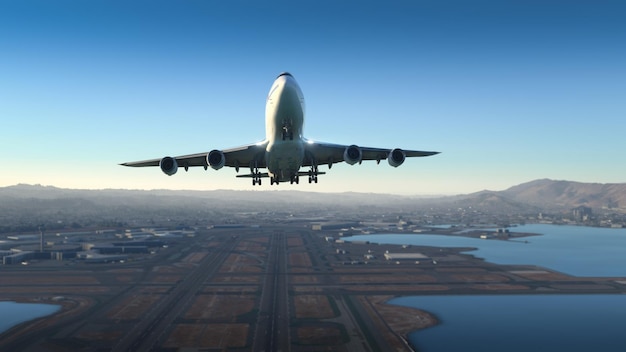 Photo comercial aircraft take off with airport on background