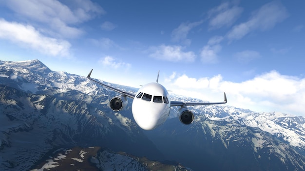 Comercial airplane flying over the snowy mountains