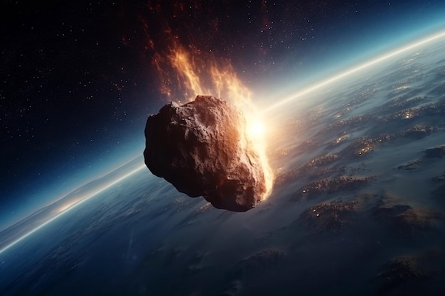 Комета или астероид, метеор, падающий на планету Земля Планета и большой метеорит в космосе, горящий взрывающийся астероид в атмосфере, сгенерированный ИИ