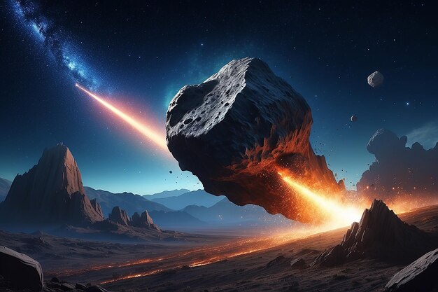 Foto una cometa un asteroide un meteorite cade a terra contro un cielo stellato attacco del meteorite pioggia meteorica coda di kameda fine del mondo astronomia