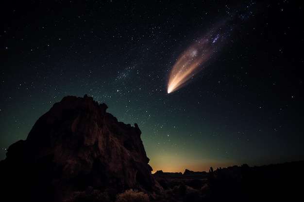 A comet flies over a mountain in the desert.