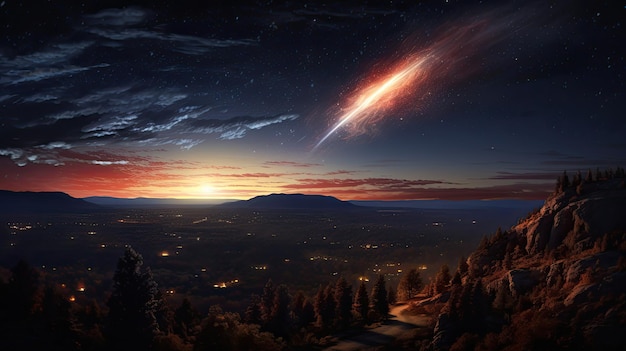 写真 夜空の彗星の光跡