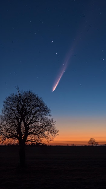 A comet in the sky with the sun setting behind it