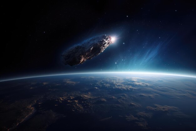 Comet in space with glowing light and stars over earth created using generative ai technology