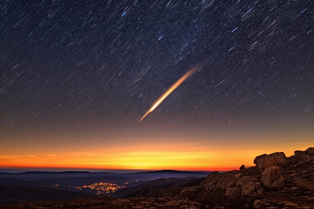 별이 가득한 밤하늘을 가로지르는 혜성이 생성 AI로 만들어졌습니다.