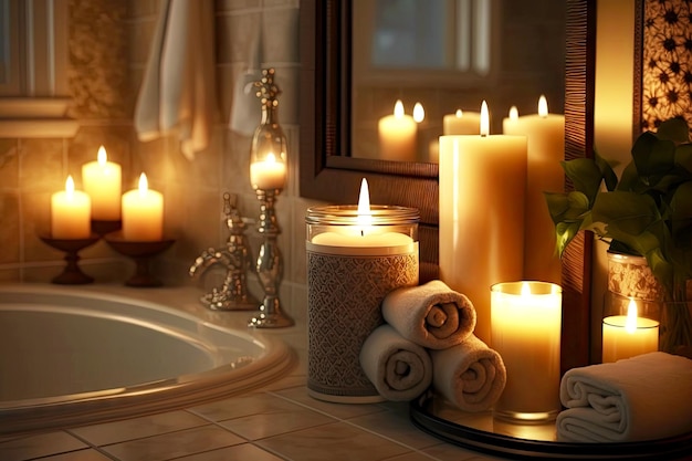 Comfort and cosiness in bathroom with candles preparation of bath created with generative ai