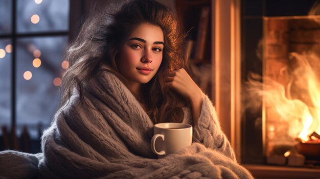 Comfort and Coziness A Woman Wrapped in a Soft Blanket with a Cup of Tea by the Fireplace