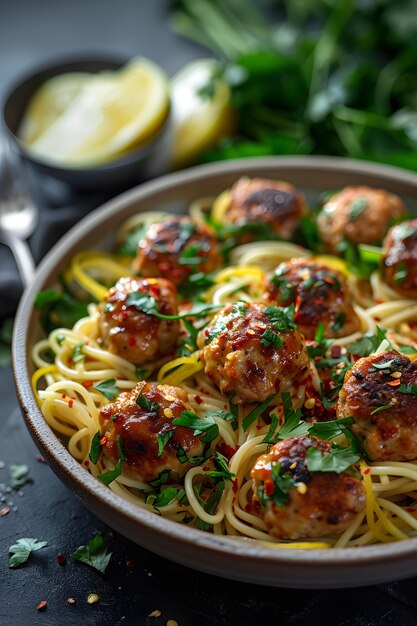 Comfort eten schotel van spaghetti en gehaktballen op een tafel