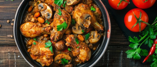 Comfort food at its best a warm bowl of chicken stew with mushrooms and beans garnished with fresh herbs ready to serve on a rustic wooden table