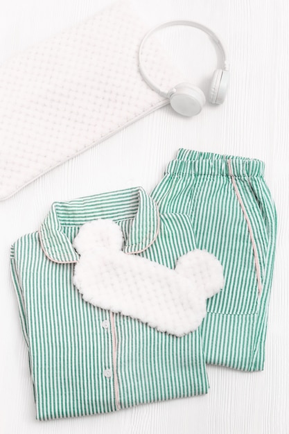 Comfort neo-mint color pajama,headphones, cushion, fluffy sleeping eye mask