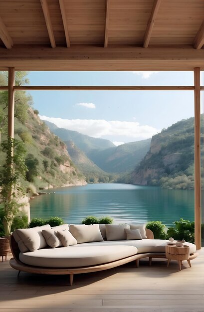 Comfort sofa with lake and mountains background