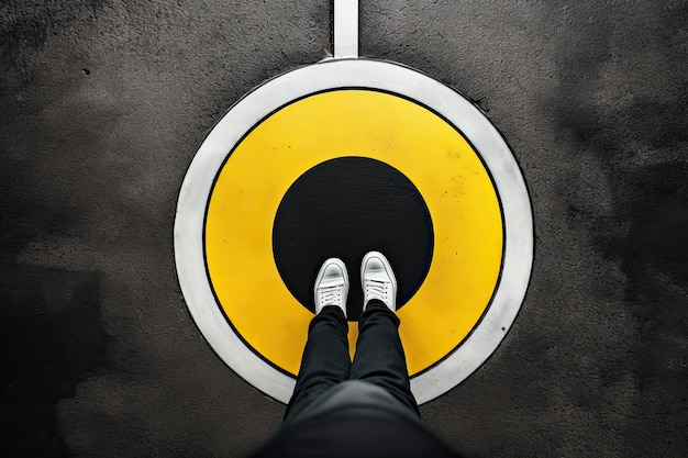 comfort zone concept black shoes standing in yellow circle on the floor with space for text