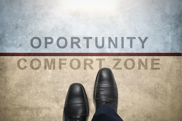 Comfort zone concept new opportunities obtained when leaving\
comfort zone text comfort zone and opportunities on the way of\
businessman