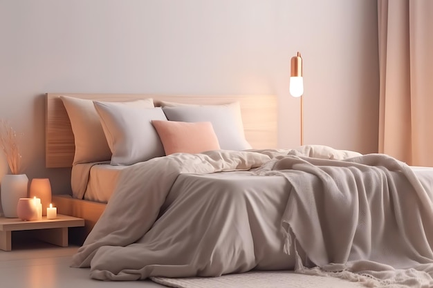 Comfortabel bed met kussens, lamp en ander decor.