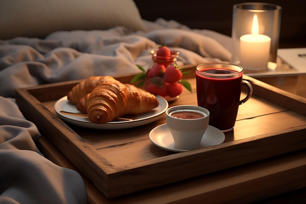 Comfortabel bed met verse croissants, koffie en fruit