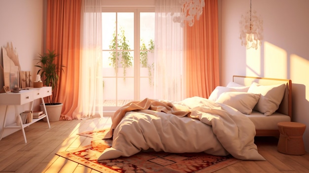 comfortabel groot bed in de slaapkamer met scheenbeen in de ochtendzon