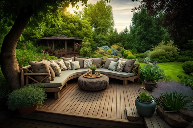 Comfortabel houten terras in de tuin met gezellige zitjes in de achtertuin