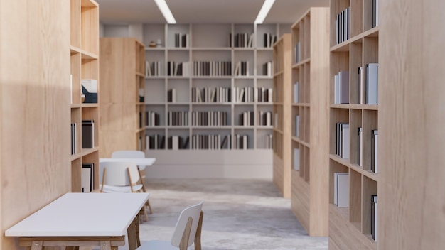 Comfortabel minimaal campusbibliotheek of schoolbibliotheekinterieur met houten boekenplanken