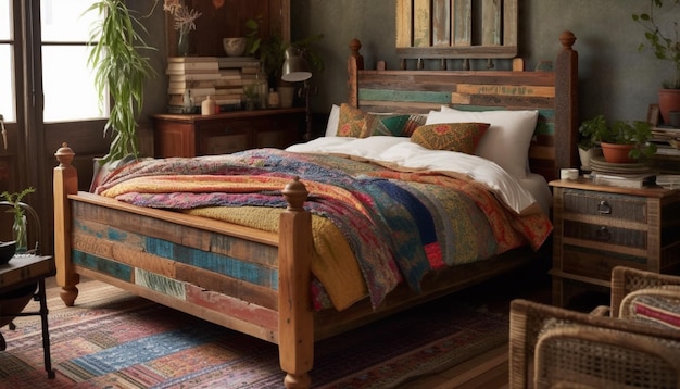 Comfortabel modern bed met elegant houten hoofdeinde gegenereerd door AI