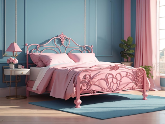 Comfortabel vintage ijzeren bedframe in prachtig roze