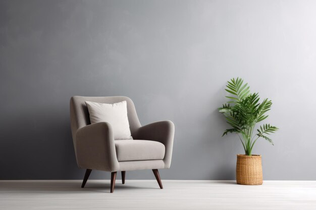 Comfortabele fauteuil, zijkanttafel en kamerplant bij lichtgrijze muur binnen